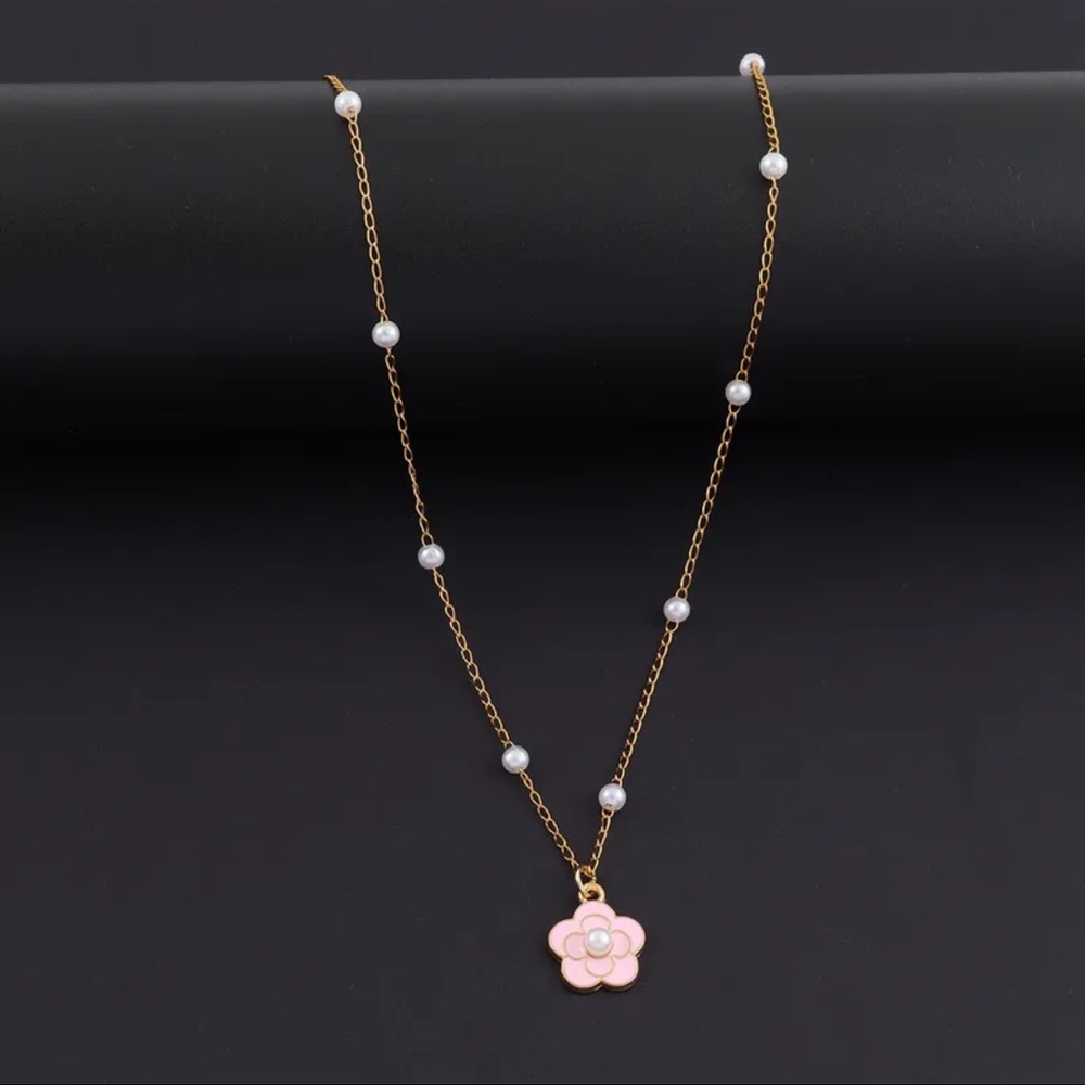 Gold and Pink Clover Flower Pendant Necklace